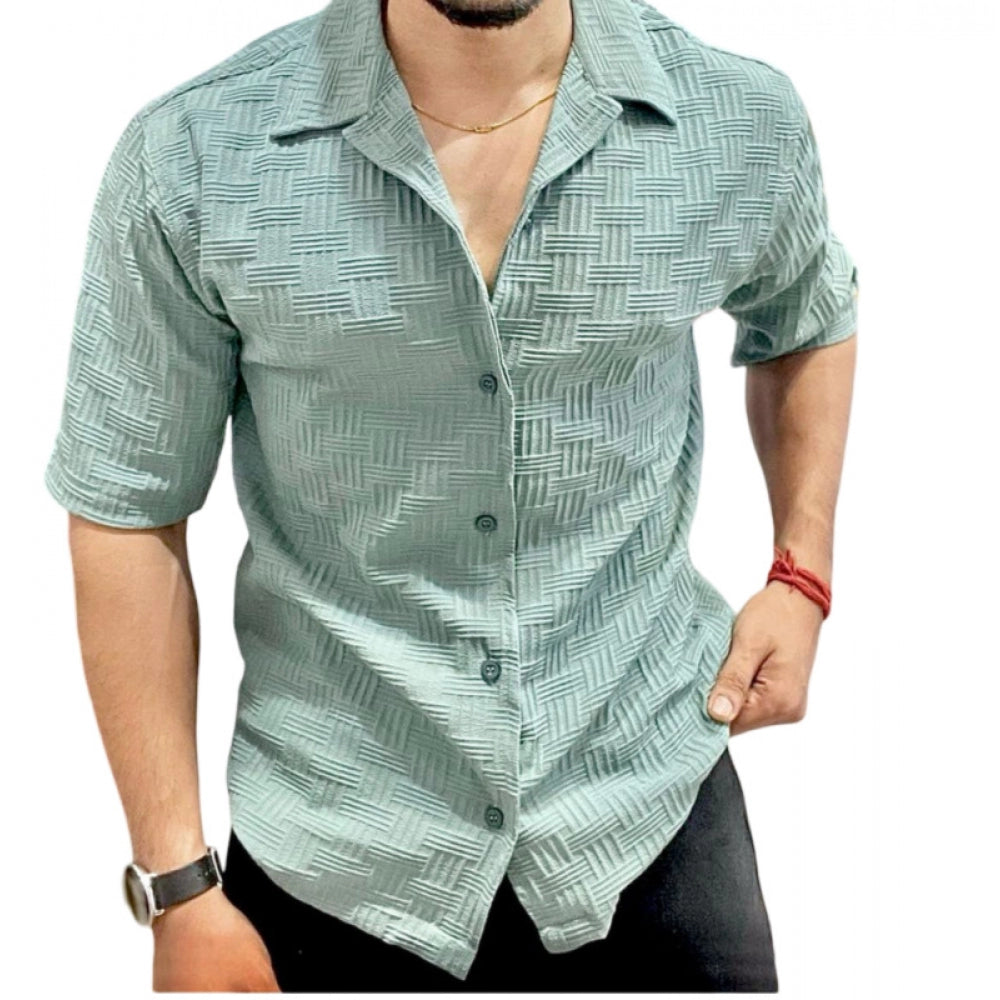 Men's Casual Full Sleeve Strip Line Cotton Blended Shirt (Green) - GillKart
