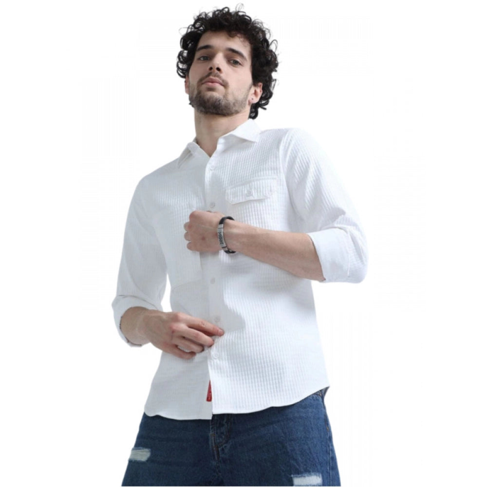 Men's Casual Short Sleeve Striped Cotton Blended Shirt (White) - GillKart