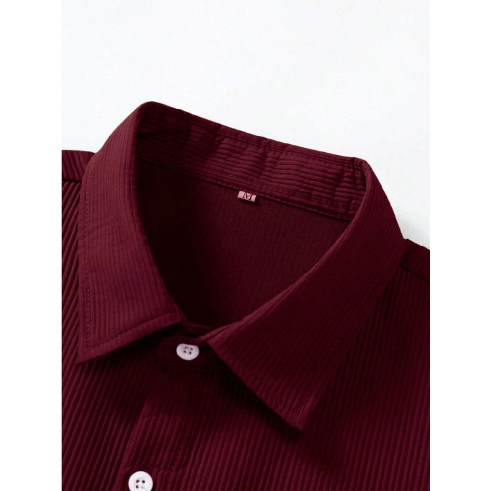 Men's Casual Short Sleeve Striped Cotton Blended Shirt (Maroon) - GillKart