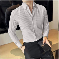 Men's Casual Full Sleeve Striped Cotton Blended Shirt (Light Grey) - GillKart