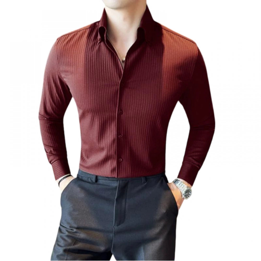 Men's Casual Full Sleeve Striped Cotton Blended Shirt (Maroon) - GillKart