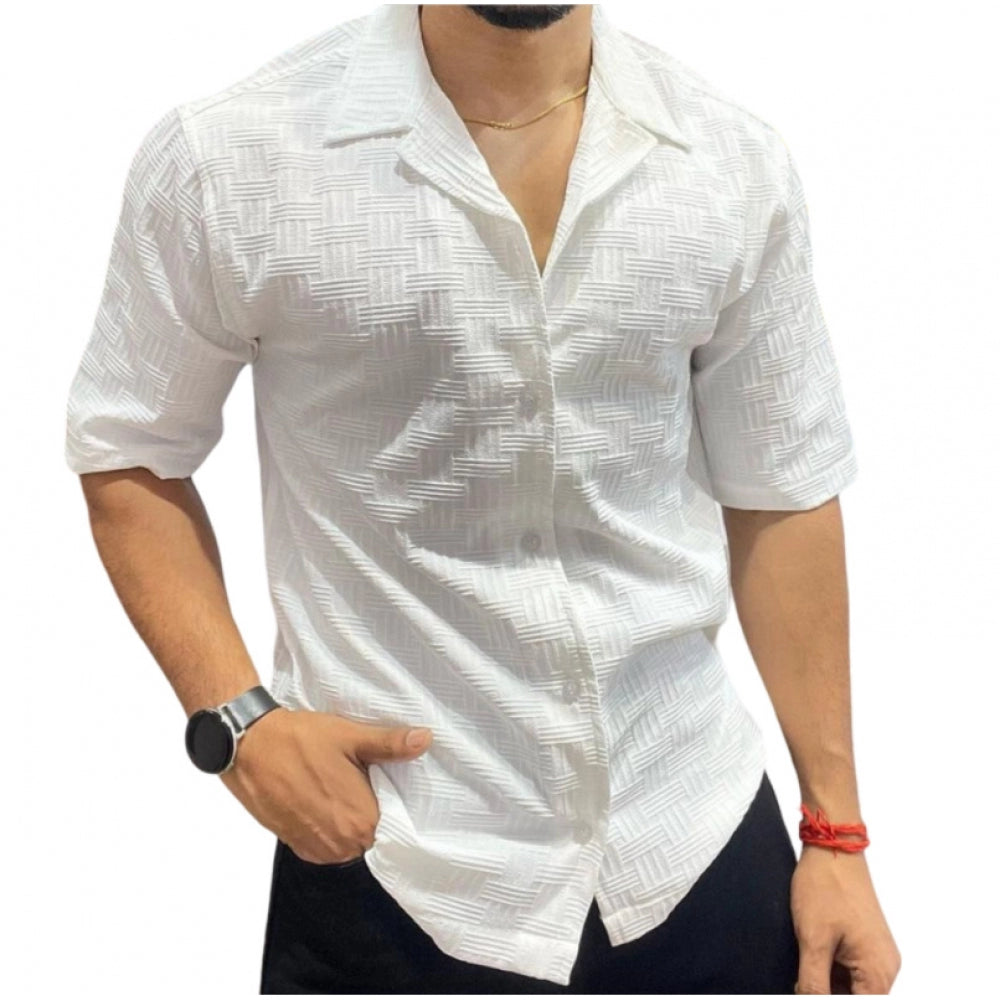 Men's Casual Full Sleeve Strip Line Cotton Blended Shirt (White) - GillKart