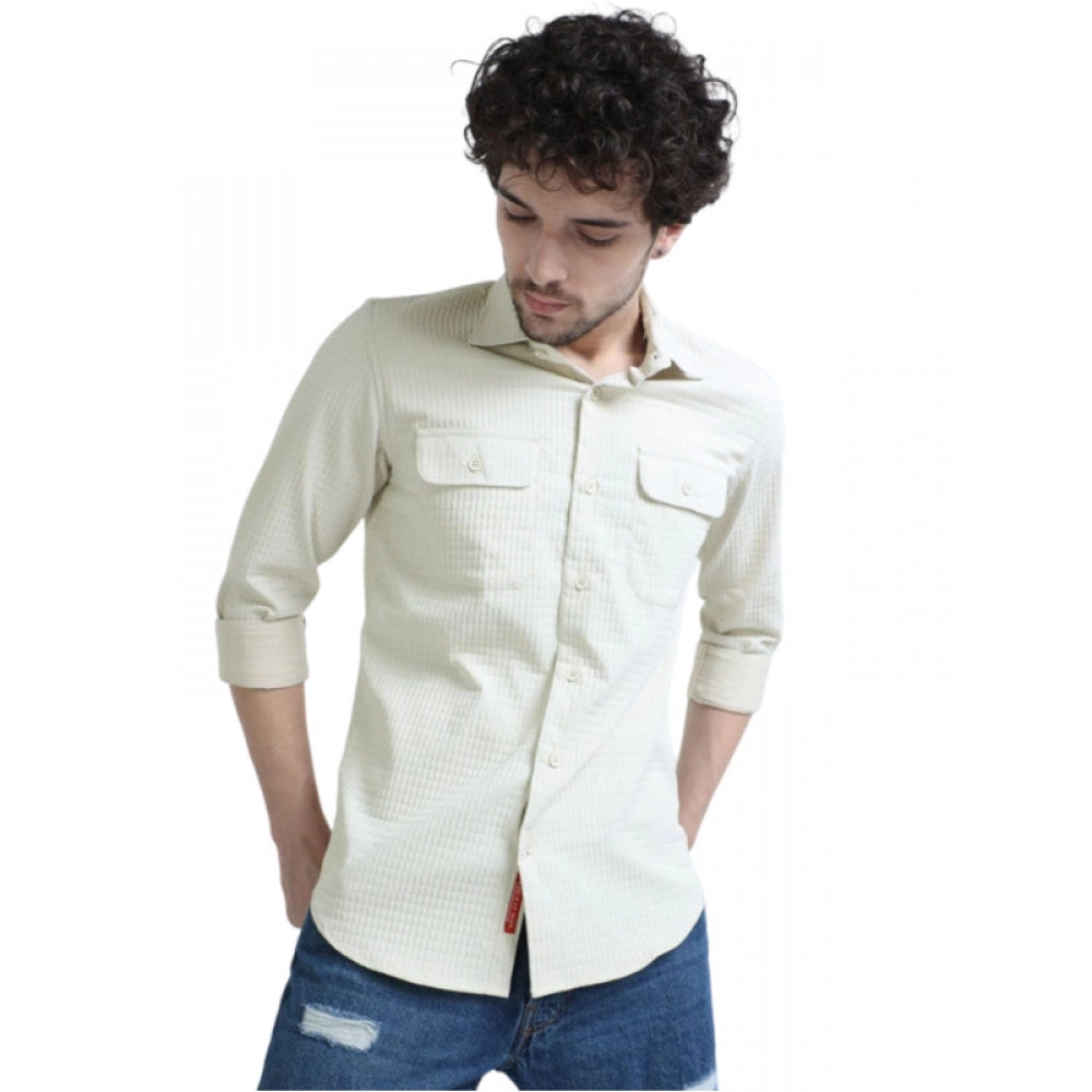 Men's Casual Full Sleeve Striped Cotton Blended Shirt (Cream) - GillKart