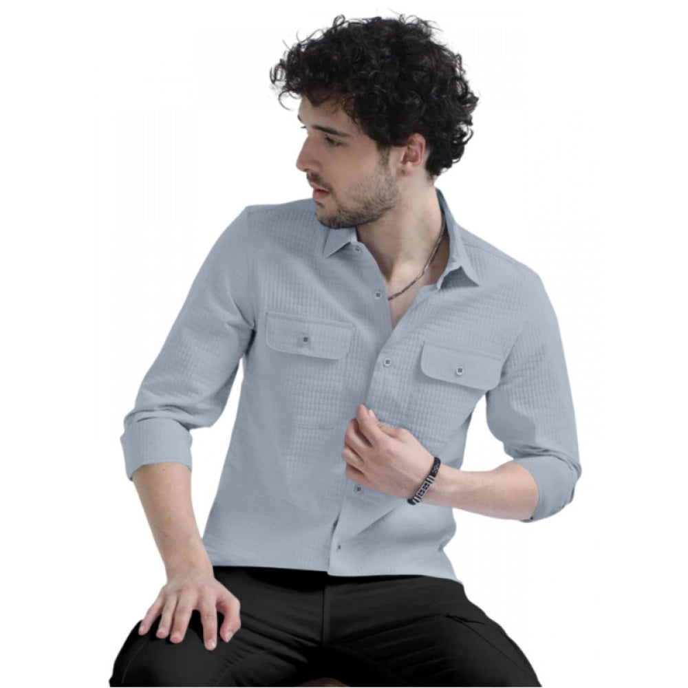 Men's Casual Short Sleeve Striped Cotton Blended Shirt (Grey) - GillKart