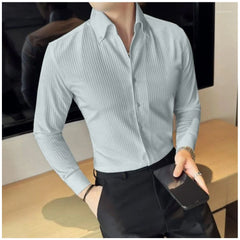 Men's Casual Full Sleeve Striped Cotton Blended Shirt (Grey) - GillKart