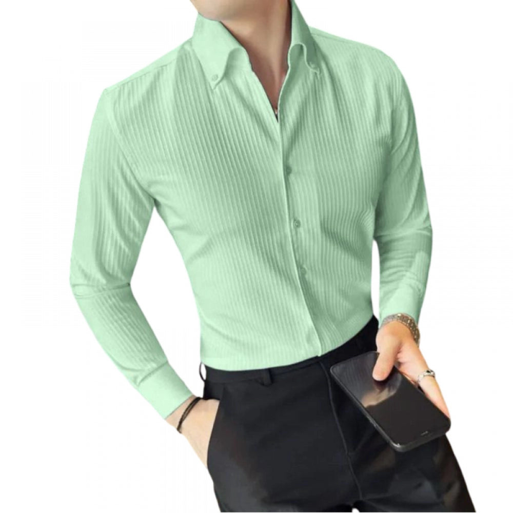 Men's Casual Full Sleeve Striped Cotton Blended Shirt (Light Green) - GillKart
