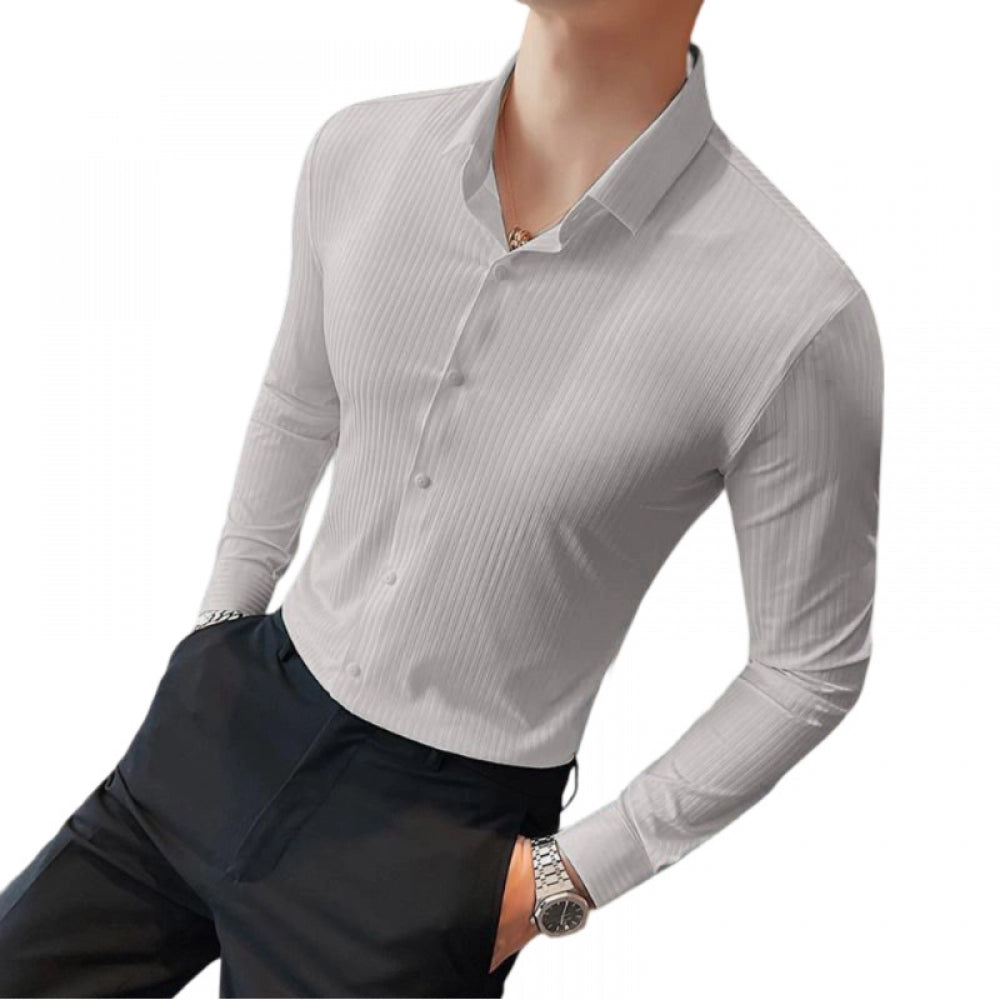 Men's Casual Full Sleeve Striped Cotton Blended Shirt (Light Grey) - GillKart