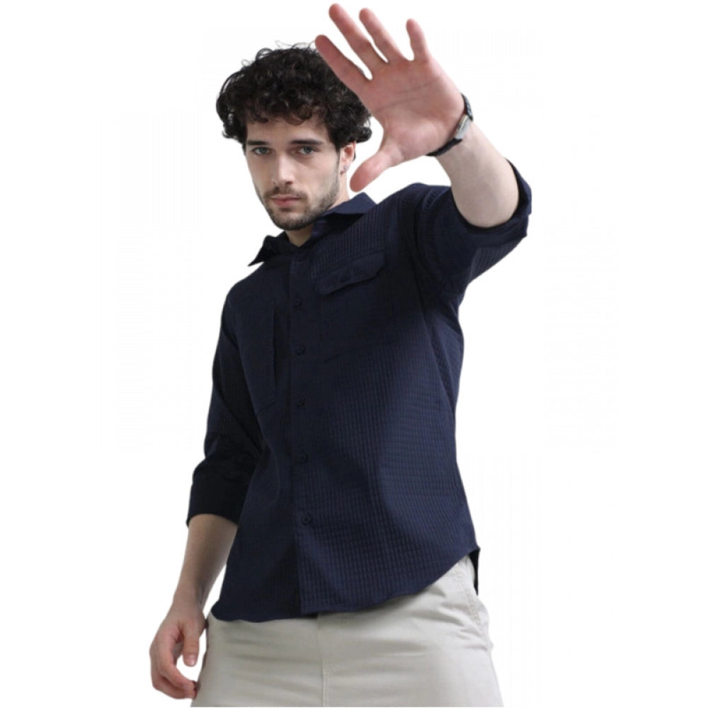 Men's Casual Full Sleeve Striped Cotton Blended Shirt (Navy) - GillKart