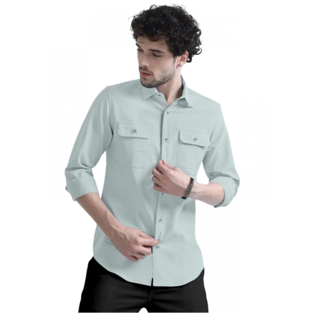 Men's Casual Full Sleeve Striped Cotton Blended Shirt (Light Green) - GillKart