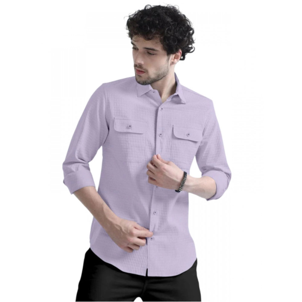Men's Casual Short Sleeve Striped Cotton Blended Shirt (Purple) - GillKart