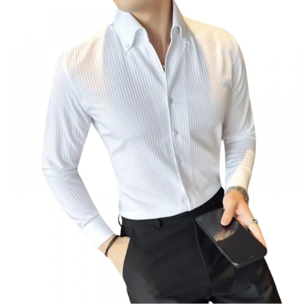 Men's Casual Full Sleeve Striped Cotton Blended Shirt (White) - GillKart