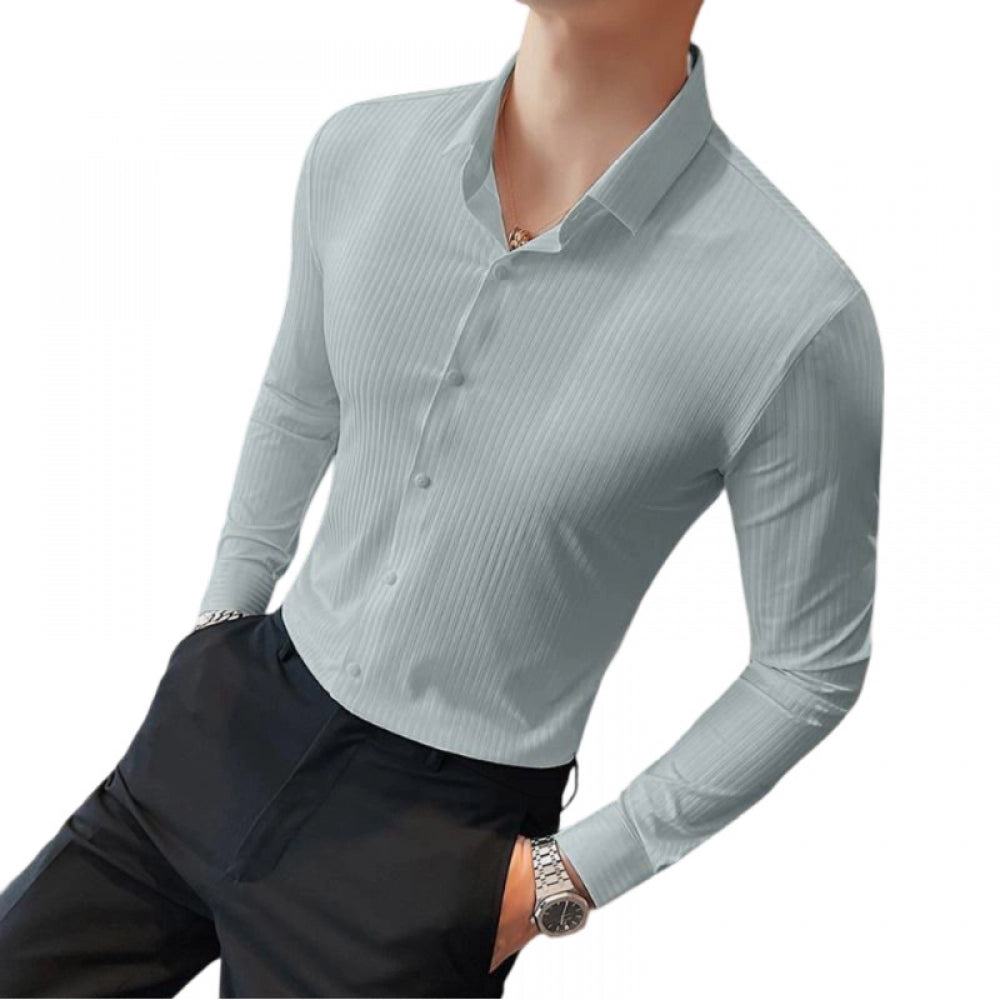 Men's Casual Full Sleeve Striped Cotton Blended Shirt (Grey) - GillKart