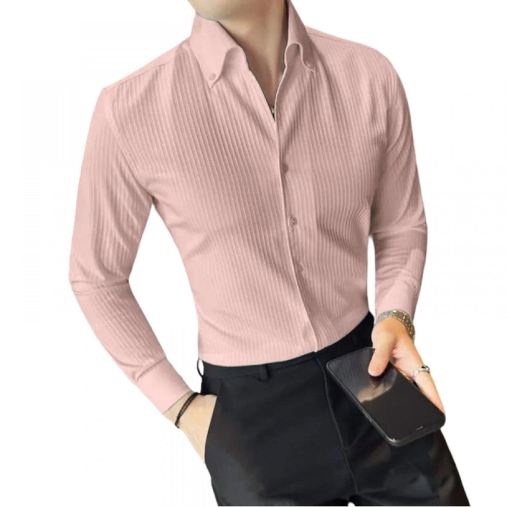 Men's Casual Full Sleeve Striped Cotton Blended Shirt (Pink) - GillKart