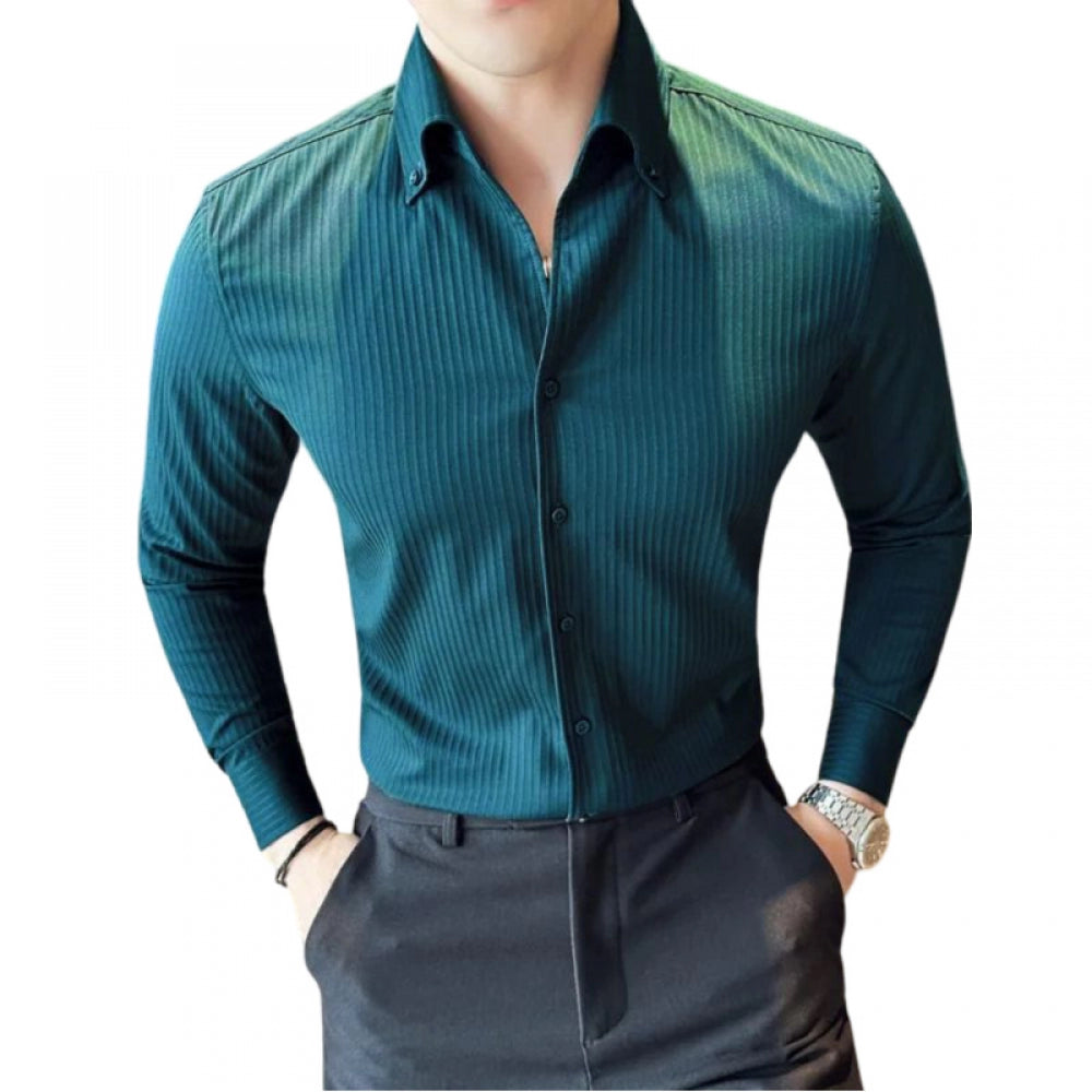 Men's Casual Full Sleeve Striped Cotton Blended Shirt (Teal) - GillKart
