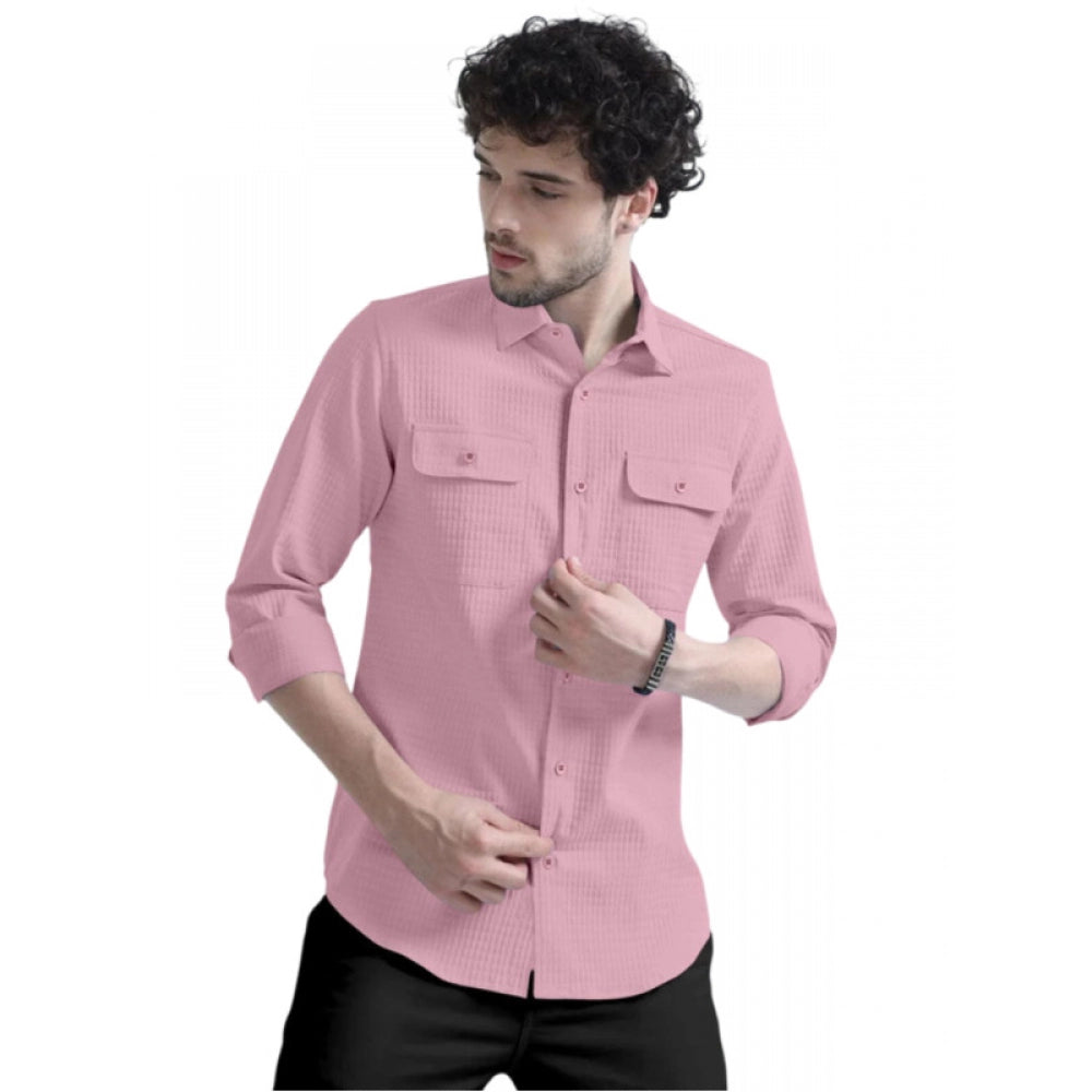 Men's Casual Short Sleeve Striped Cotton Blended Shirt (Pink) - GillKart