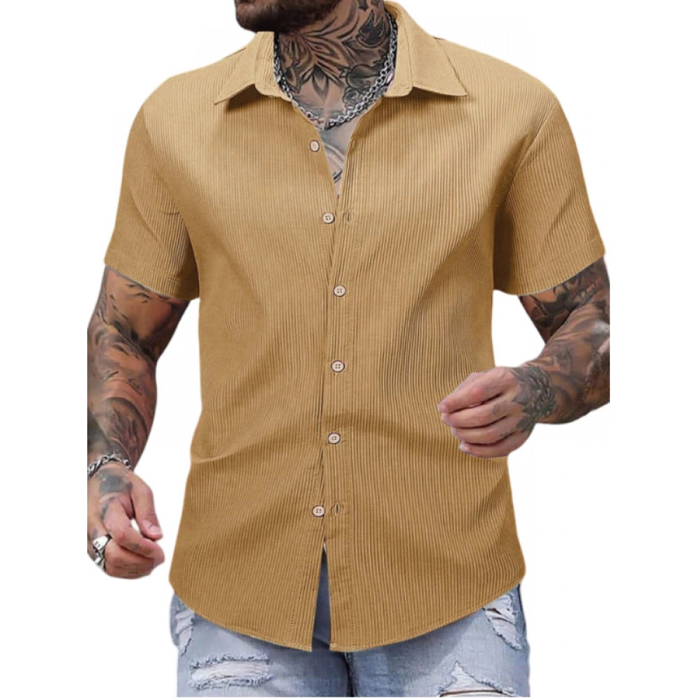 Men's Casual Short Sleeve Striped Cotton Blended Shirt (Yellow) - GillKart