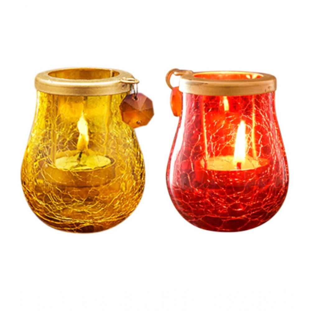 Glass Matka Tea Light Holder (Yellow &amp; Red) - GillKart