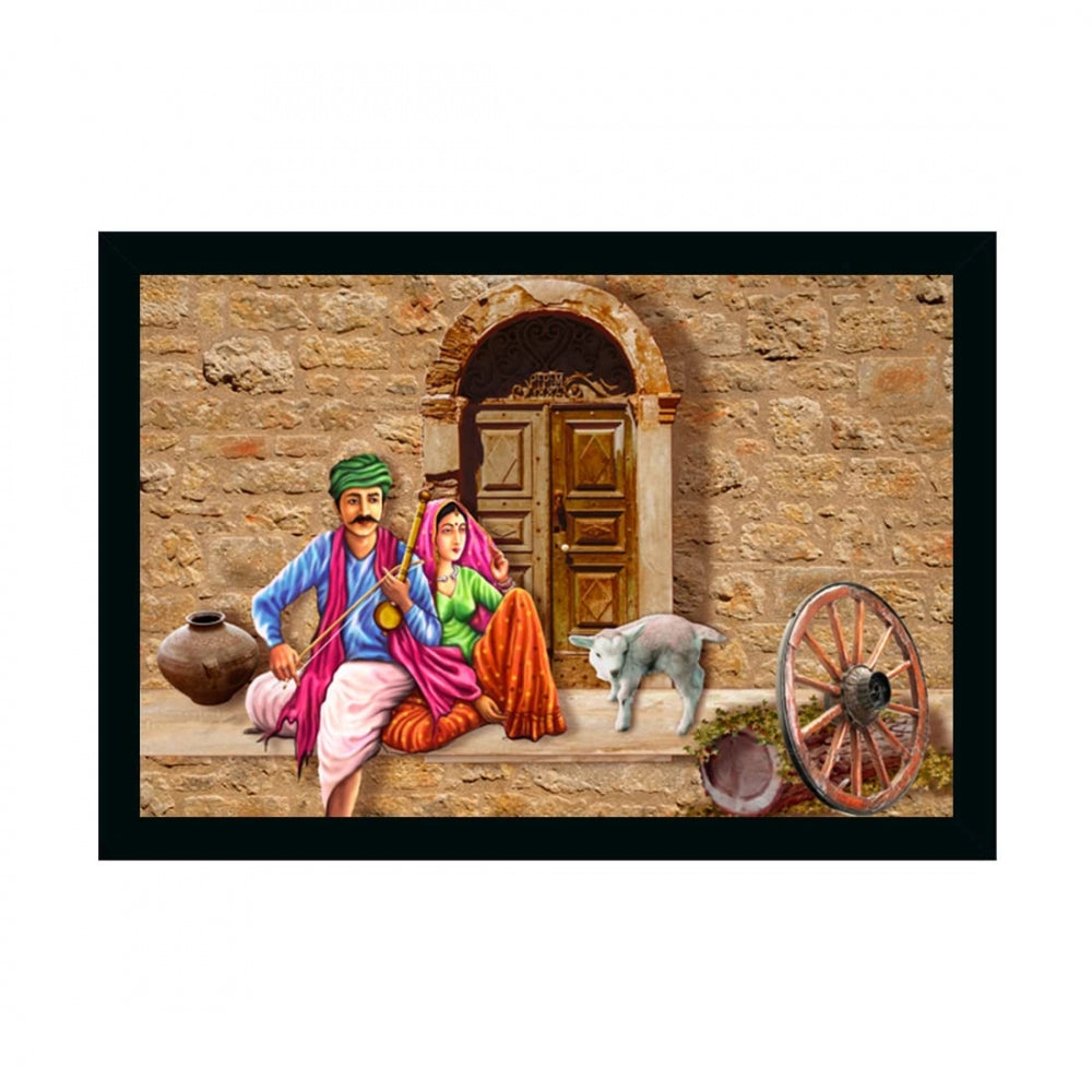 Rajasthani Village Modern Art Painting with Synthetic Photo Frame (Multicolor) - GillKart