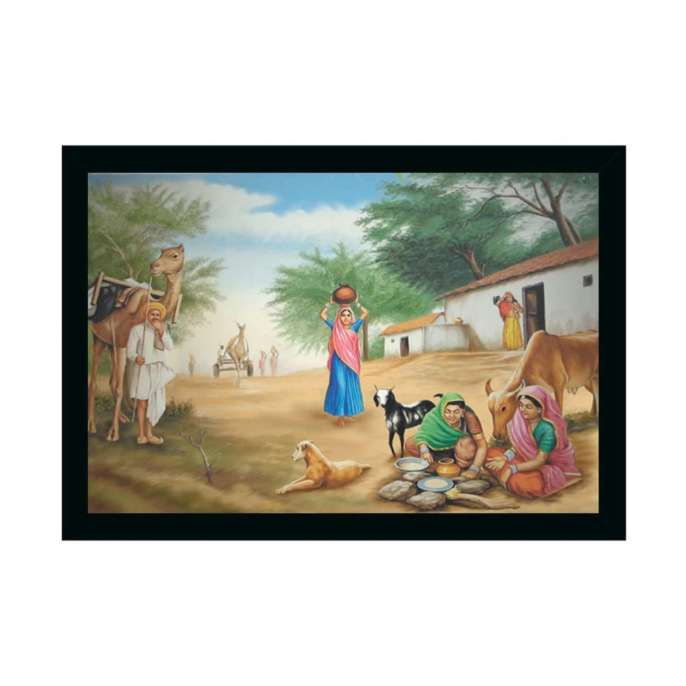 Rajasthani Village Modern Art Painting with Synthetic Photo Frame (Multicolor) - GillKart