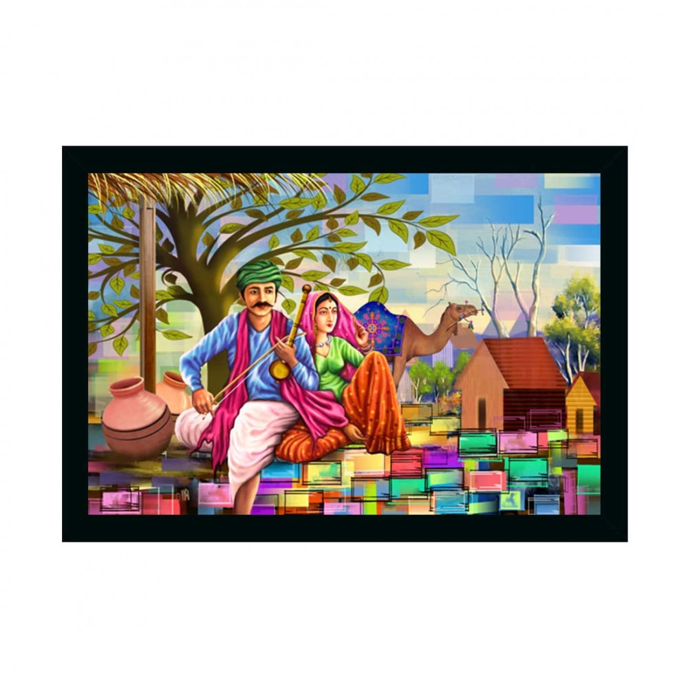 Rajasthani Village Modern Art Painting with Synthetic Photo Frame (Multicolor) - GillKart