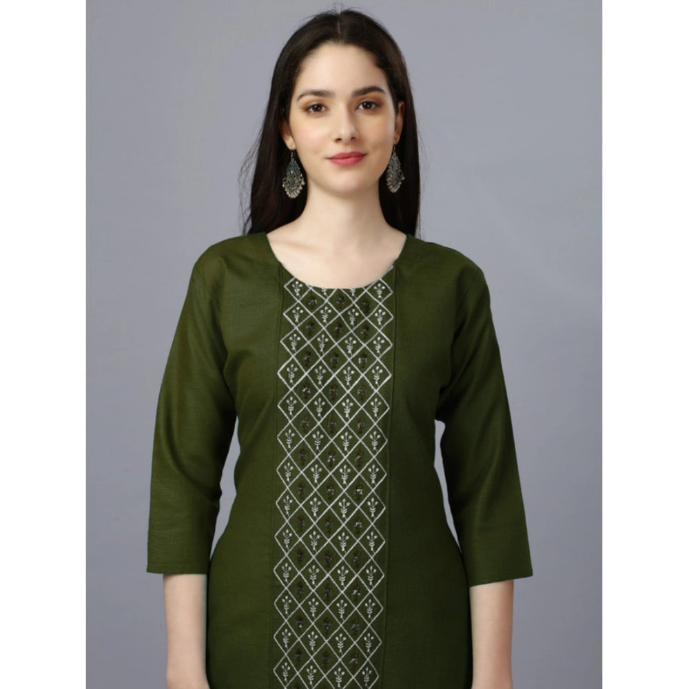 Women's Casual 3-4 th Sleeve Embroidery Cotton Kurti (Dark Green) - GillKart