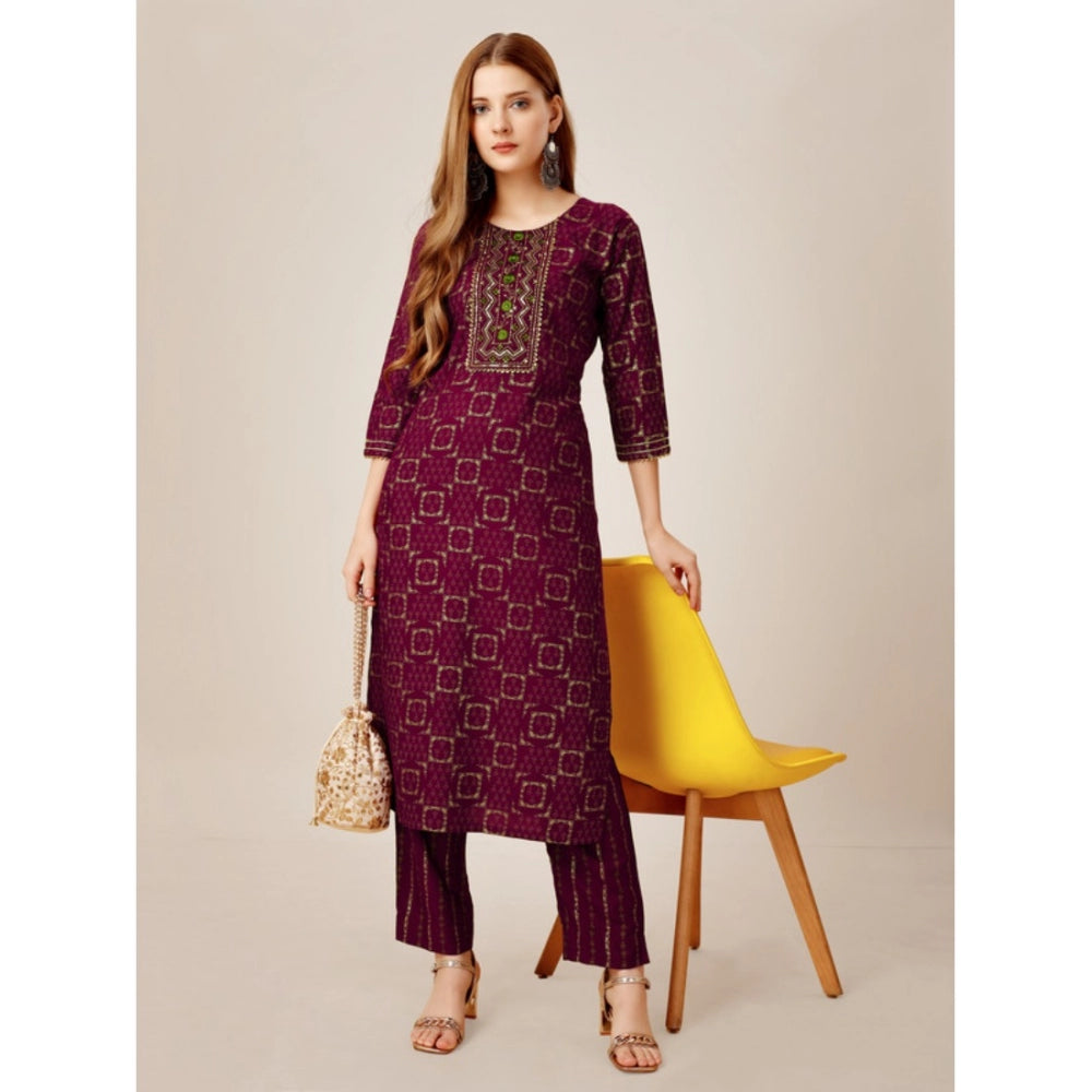 Women's Casual 3-4 th Sleeve Embroidery Rayon Kurti Pant Set (Purple) - GillKart