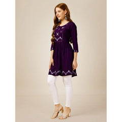 Women's Casual 3-4 th Sleeve Embroidered Rayon Tunic Top (Purple) - GillKart