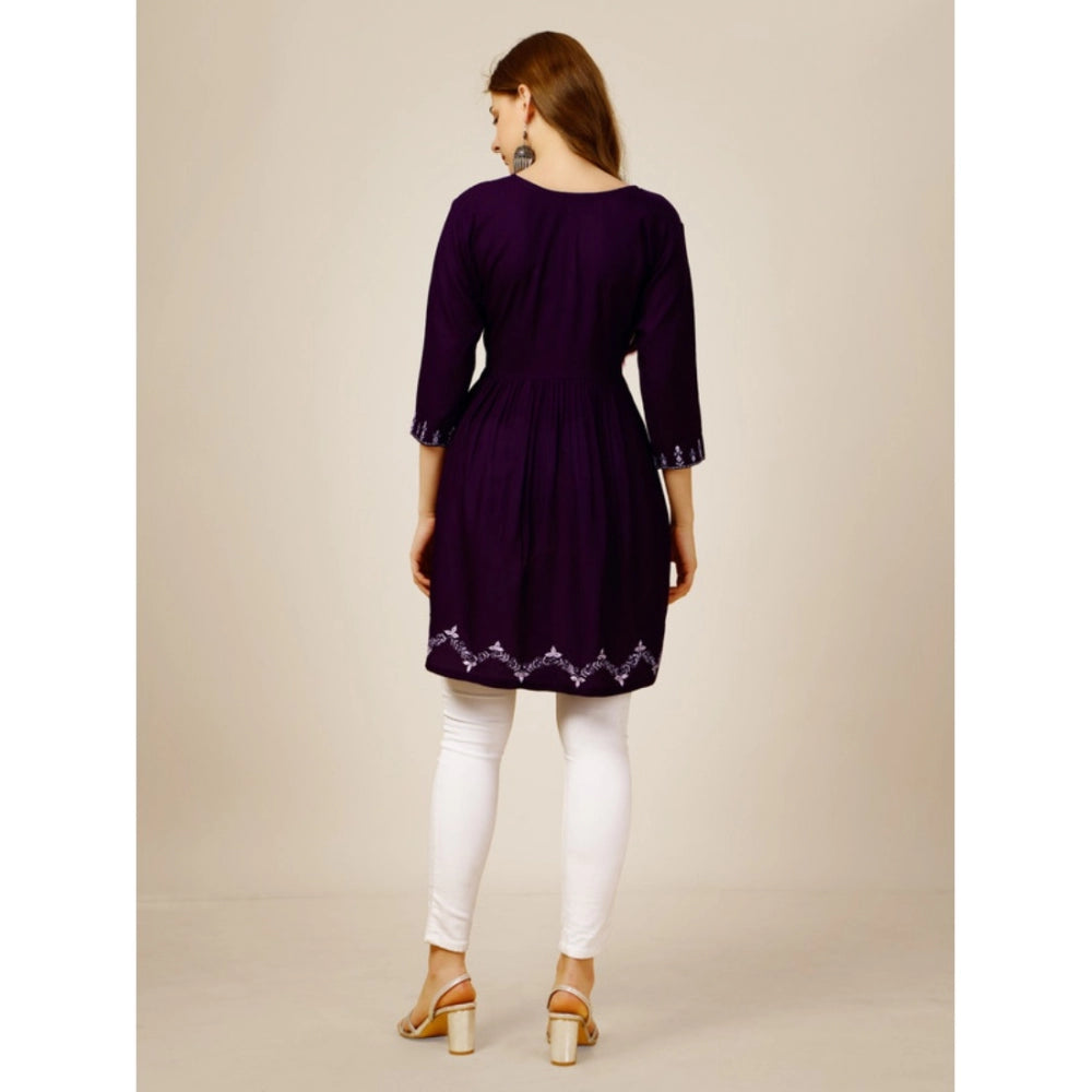 Women's Casual 3-4 th Sleeve Embroidered Rayon Tunic Top (Purple) - GillKart