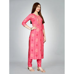 Women's Casual 3-4 th Sleeve Embroidery Rayon Kurti Pant Set (Pink) - GillKart