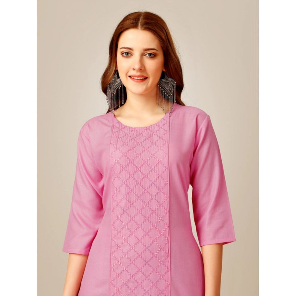 Women's Casual 3-4 th Sleeve Embroidery Cotton Kurti Pant Set (Pink) - GillKart