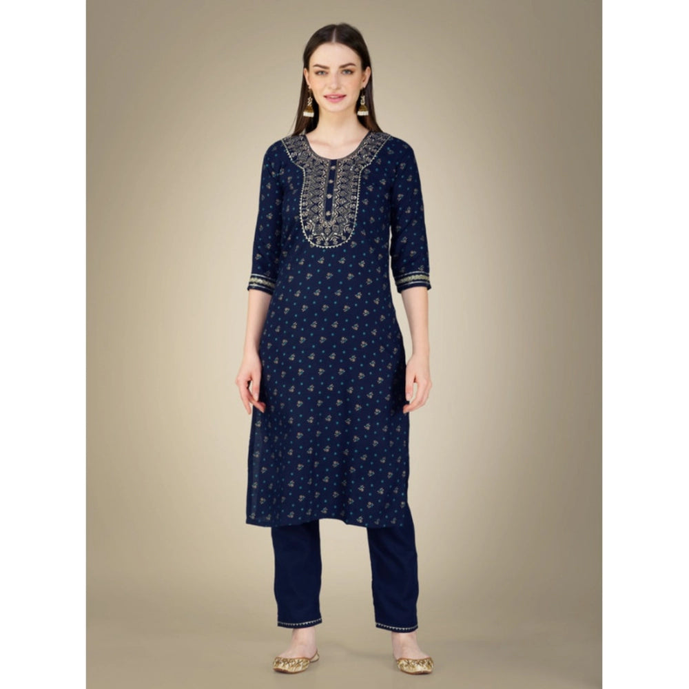 Women's Casual 3-4 th Sleeve Embroidery Cotton Kurti Pant Dupatta Set (Dark Blue) - GillKart