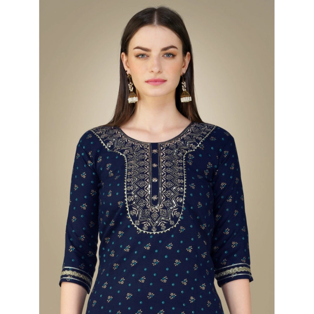 Women's Casual 3-4 th Sleeve Embroidery Cotton Kurti Pant Dupatta Set (Dark Blue) - GillKart