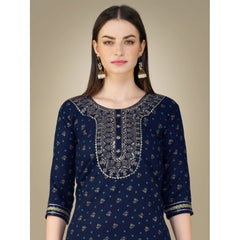 Women's Casual 3-4 th Sleeve Embroidery Cotton Kurti Pant Dupatta Set (Dark Blue) - GillKart