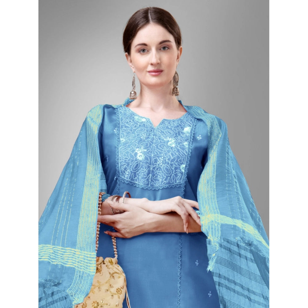 Women's Casual 3-4 th Sleeve Embroidery Cotton Kurti Pant Dupatta Set (Sky Blue) - GillKart