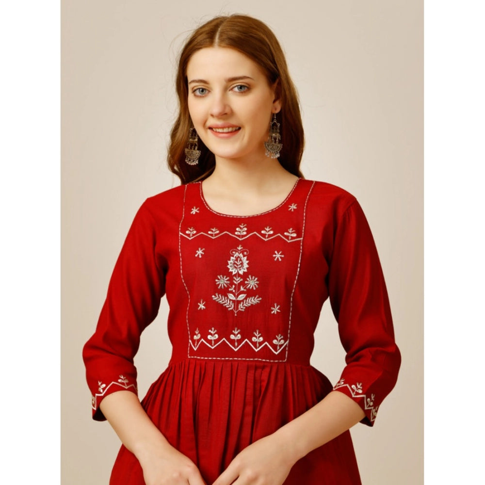 Women's Casual 3-4 th Sleeve Embroidered Rayon Tunic Top (Red) - GillKart