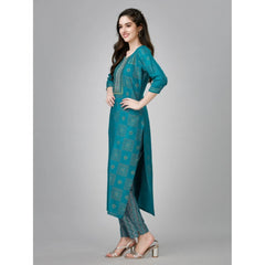 Women's Casual 3-4 th Sleeve Embroidery Rayon Kurti Pant Set (Green) - GillKart