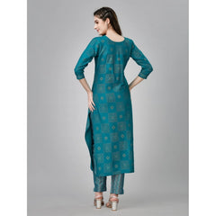 Women's Casual 3-4 th Sleeve Embroidery Rayon Kurti Pant Set (Green) - GillKart