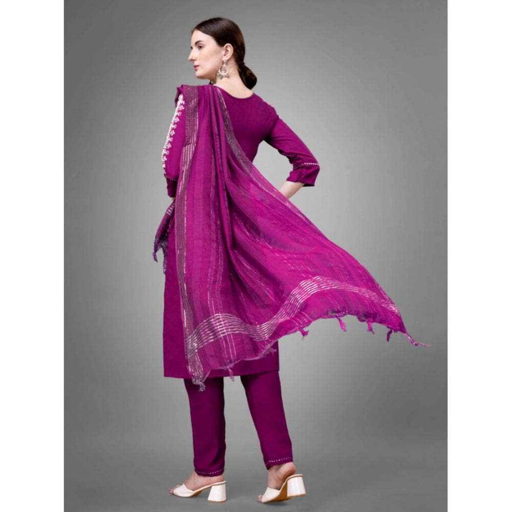 Women's Casual 3-4 th Sleeve Embroidery Cotton Kurti Pant Dupatta Set (Purple) - GillKart