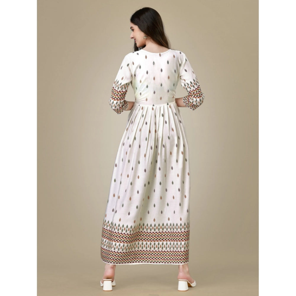 Women's Casual 3-4 th Sleeve Printed Rayon Gown (White) - GillKart