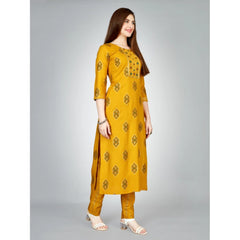 Women's Casual 3-4 th Sleeve Embroidery Rayon Kurti Pant Set (Yellow) - GillKart