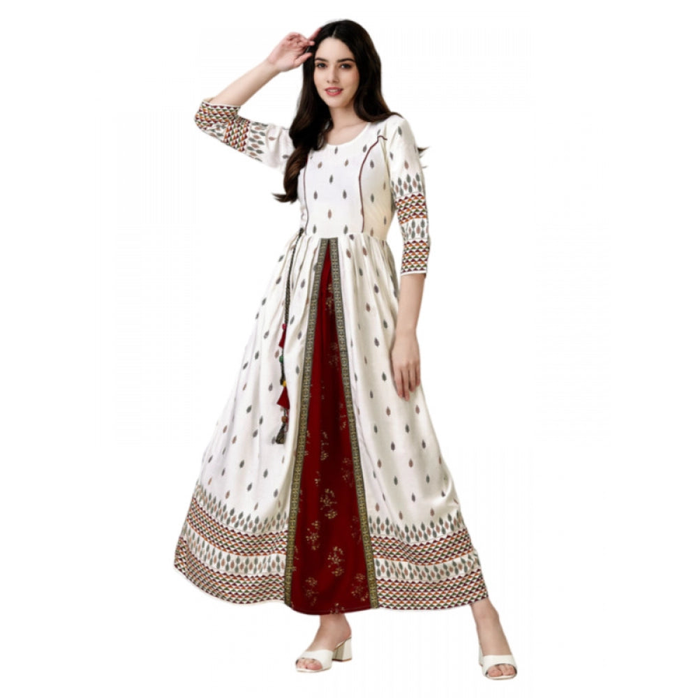Women's Casual 3-4 th Sleeve Printed Rayon Gown (White) - GillKart