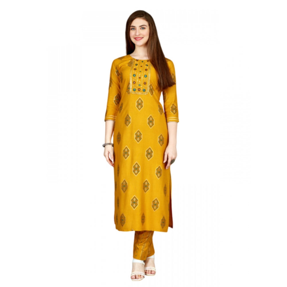 Women's Casual 3-4 th Sleeve Embroidery Rayon Kurti Pant Set (Yellow) - GillKart