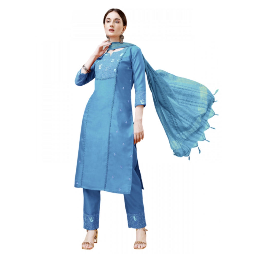 Women's Casual 3-4 th Sleeve Embroidery Cotton Kurti Pant Dupatta Set (Sky Blue) - GillKart