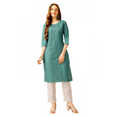 Women's Casual 3-4 th Sleeve Embroidery Cotton Kurti Pant Set (Green) - GillKart