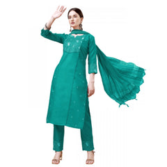 Women's Casual 3-4 th Sleeve Embroidery Cotton Kurti Pant Dupatta Set (Rama) - GillKart