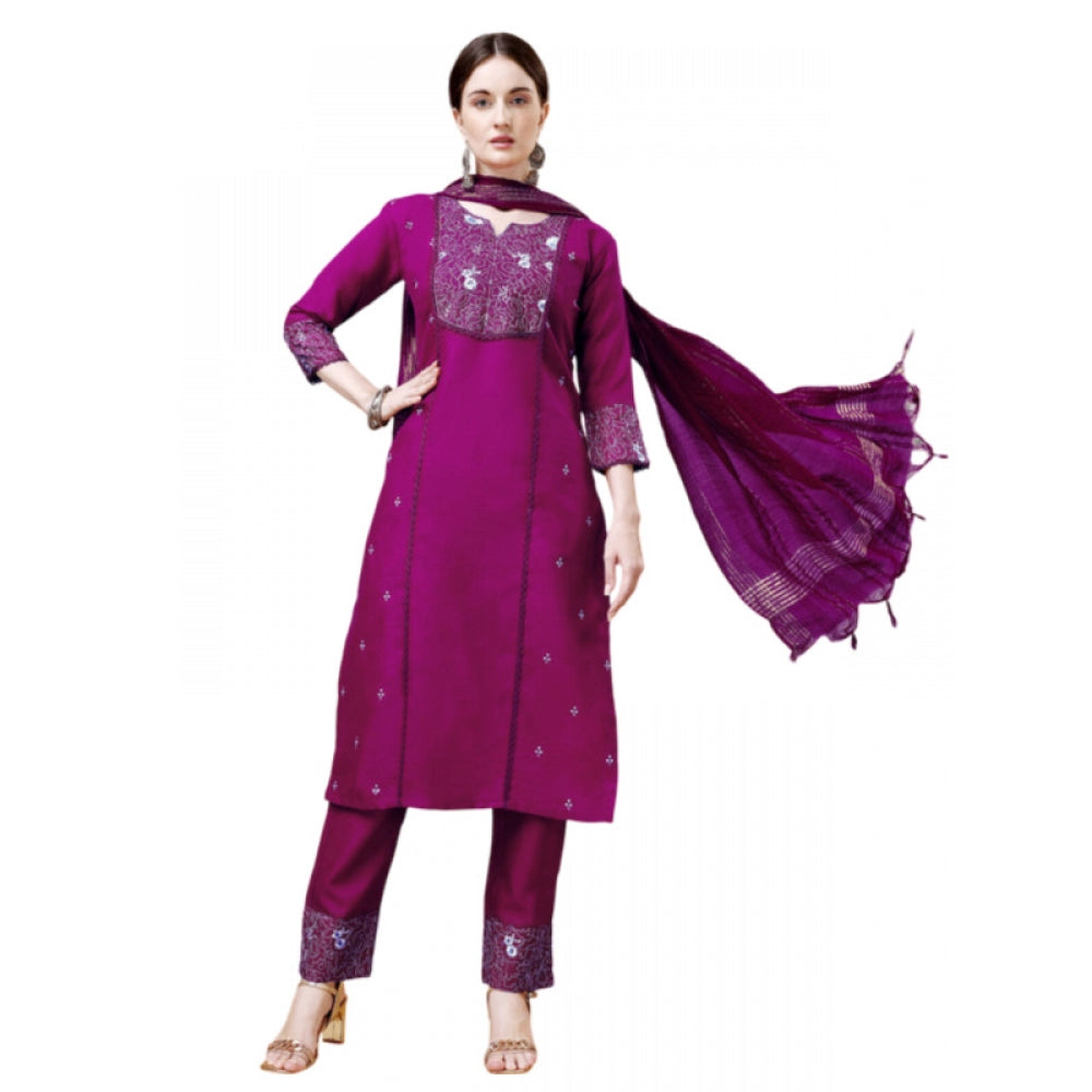 Women's Casual 3-4 th Sleeve Embroidery Cotton Kurti Pant Dupatta Set (Purple) - GillKart