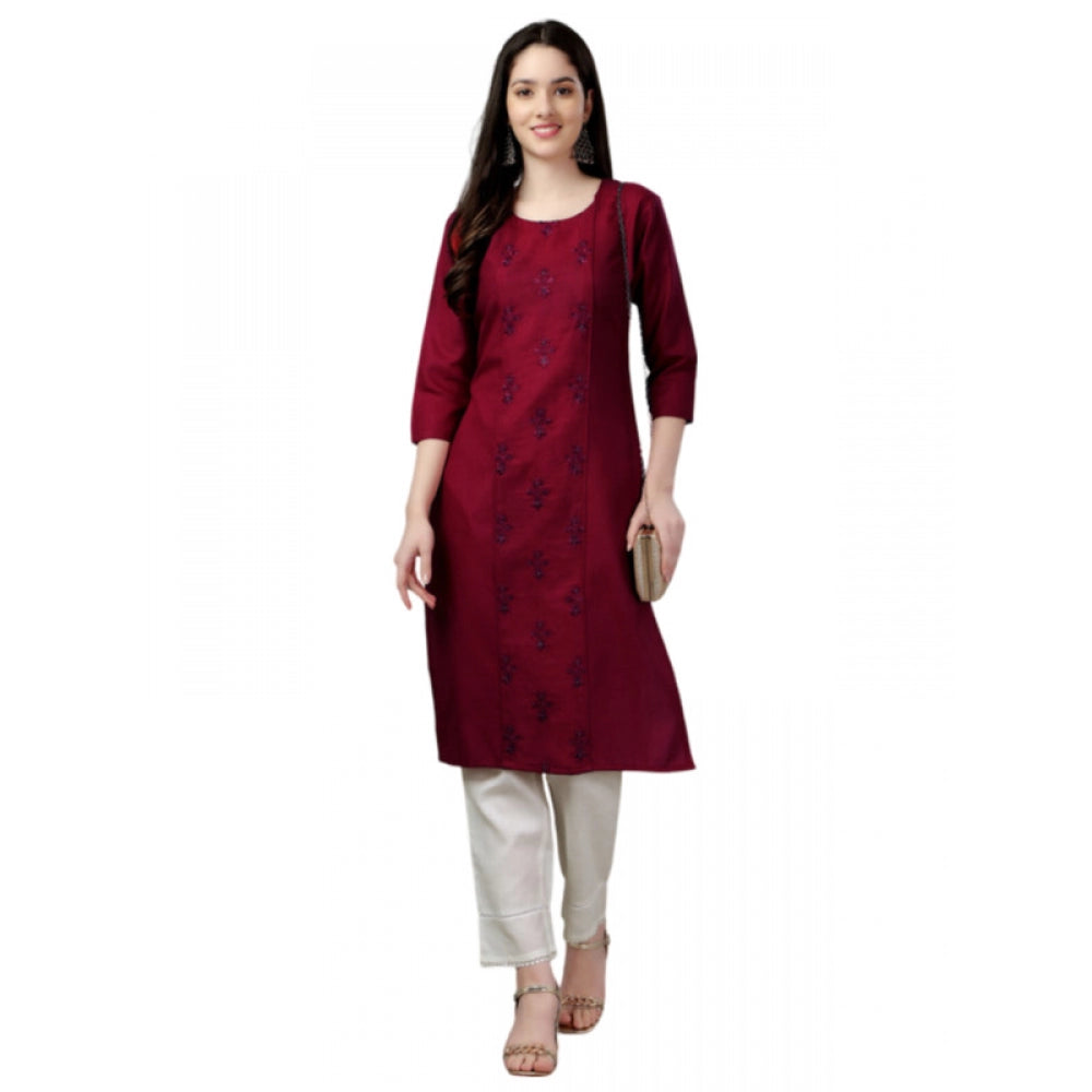 Women's Casual 3-4 th Sleeve Embroidery Cotton Kurti (Maroon) - GillKart