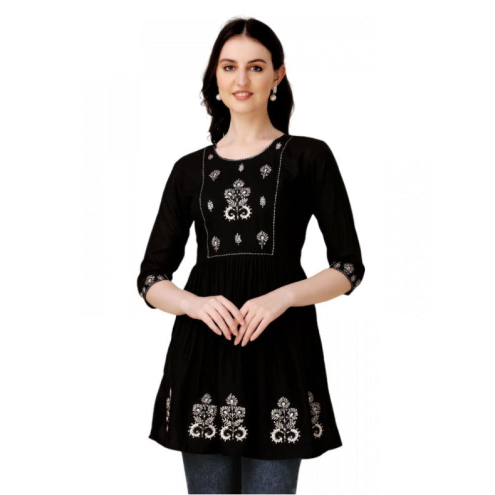 Women's Casual 3-4 th Sleeve Embroidered Rayon Tunic Top (Black) - GillKart