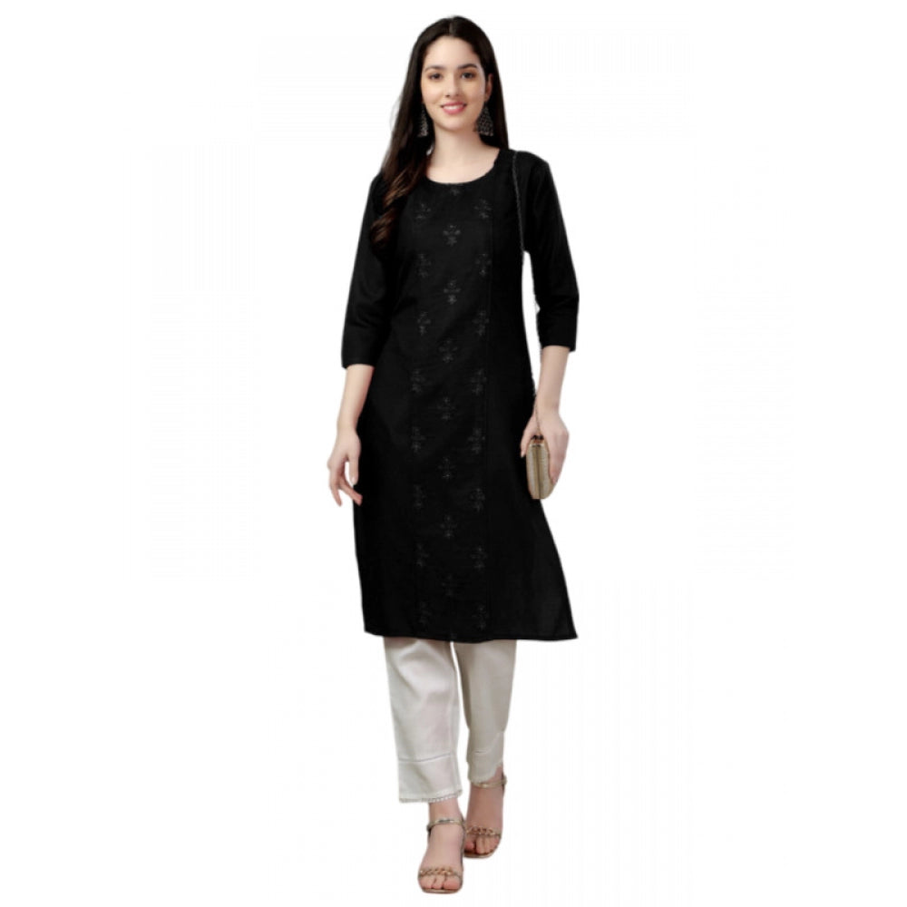 Women's Casual 3-4 th Sleeve Embroidery Cotton Kurti (Black) - GillKart