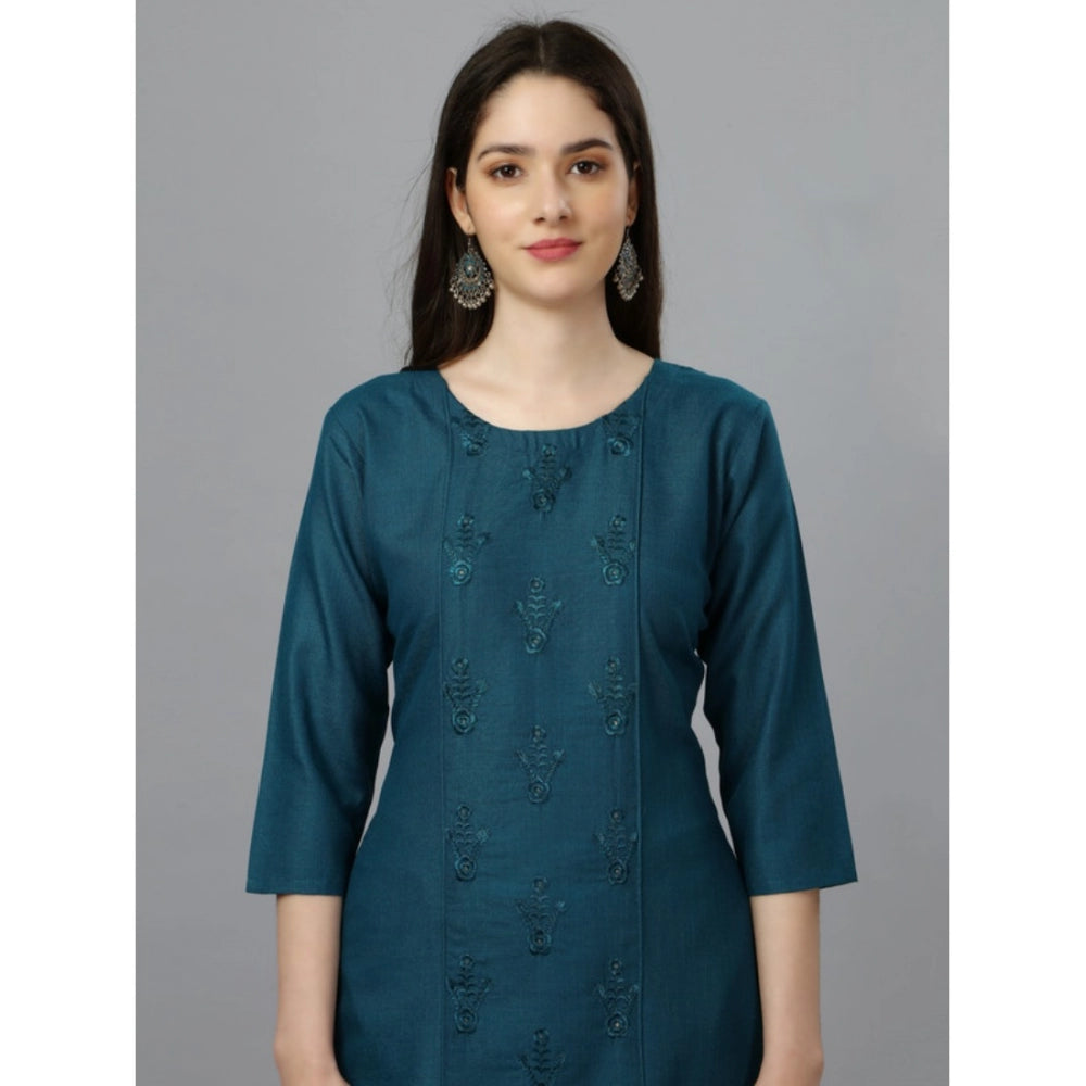 Women's Casual 3-4 th Sleeve Embroidery Cotton Kurti (Blue ) - GillKart